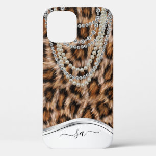 Funda Para iPhone 12 Pro Leopard Nombre manuscrito Perla collar de diamante