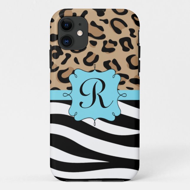 Funda De Case-Mate Para iPhone Leopardo y monograma personalizado estampado de (Reverso)