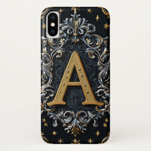 Funda Para iPhone X Letra A dorada ornamentada en floral decorativo
