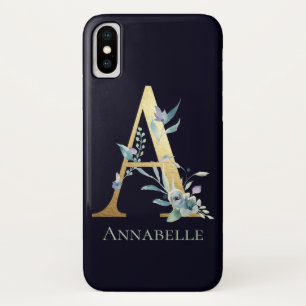 Funda Para iPhone X Letra A Monograma Dorado Floral Azul nombre person