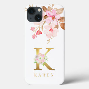 Funda Para iPhone 13 Letra acuarela floral y Gold k monograma