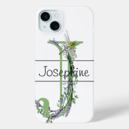Funda Para iPhone 15 Mini Letra alfabética J, acuarela Lavender Dragonfly