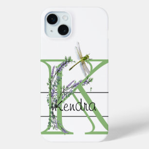 Funda Para iPhone 15 Mini Letra alfabética K, acuarela Lavender Dragonfly