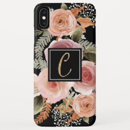 Funda Para iPhone XS Max Letra C Gold Black Watercolor Floral Monograma