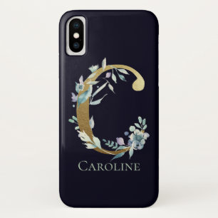 Funda Para iPhone X Letra C Monograma Dorado Floral Azul Marino Nombre
