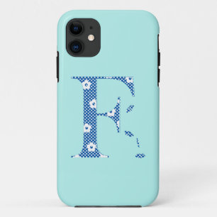 Funda Para iPhone 11 letra con motivos florales F(azul y puntos) Funda-