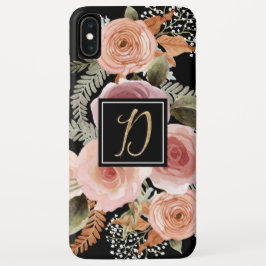 Funda Para iPhone XS Max Letra D Gold Black Watercolor Floral Monograma