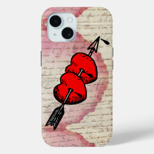 Funda Para iPhone 15 Letra de amor antigua Corazones Arrow Ephemera Col