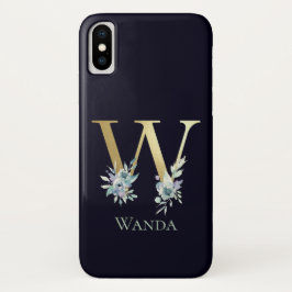 Funda Para iPhone X Letra de Monograma de Oro de Lujo W Nombre Azul Fl