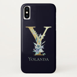 Funda Para iPhone X Letra de Monograma de Oro de Lujo Y Nombre Azul Fl