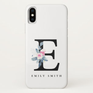 FUNDA PARA iPhone X LETRA E DE NOMBRE DE ALFABETAS FLORALES AZULES DE 