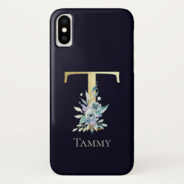Funda Para iPhone X Letra Gold Monograma De Lujo T Nombre Azul Floral