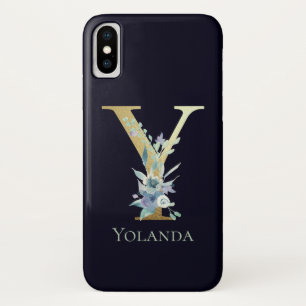 Funda Para iPhone X Letra Gold Monograma De Lujo Y Nombre Azul Floral