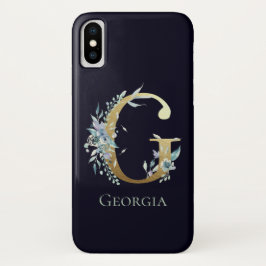 Funda Para iPhone X Letra Gold Monograma E Nombre floral azul de la ma