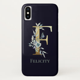Funda Para iPhone X Letra Gold Monograma F Nombre Floral Azul Oscuro