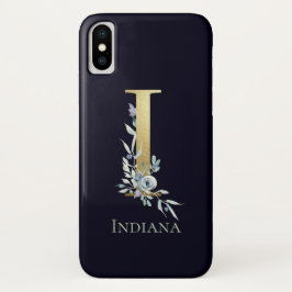 Funda Para iPhone X Letra Gold Monograma I nombre floral azul de la ma