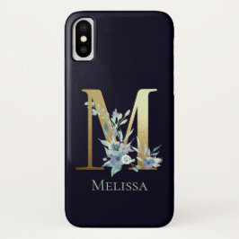 Funda Para iPhone X Letra Gold Monograma M Nombre floral azul de la ma