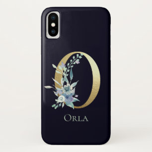 Funda Para iPhone X Letra Gold Monograma O Nombre Floral Azul De La Ma