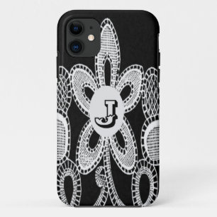 Funda Para iPhone 11 Letra J Flor Monograma Encaje Negro y Blanco