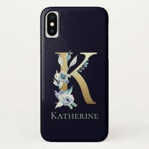 Funda Para iPhone X Letra K de monograma dorado Nombre floral azul mar