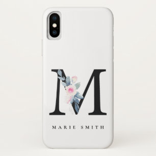 FUNDA PARA iPhone X LETRA M DE NOMBRE DE ALFABETAS FLORALES AZULES DE 