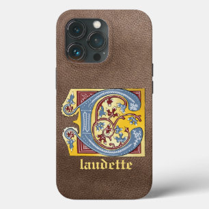 Funda Para iPhone 13 Pro Letra medieval azul y marfil rojo iluminada C