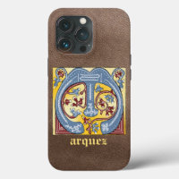 Letra medieval azul y marfil rojo iluminada M