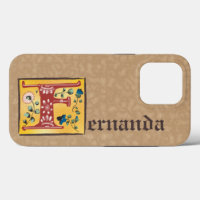 Letra medieval floral iluminada F Monograma