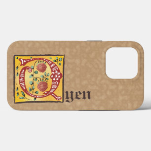Funda Para iPhone 13 Pro Letra medieval floral iluminada monograma Q