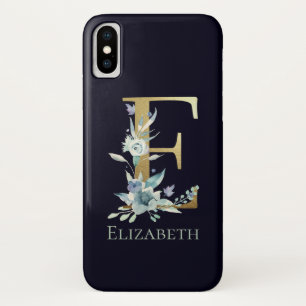 Funda Para iPhone X Letra Monograma de Oro E Rosa Floral Azul Nombre