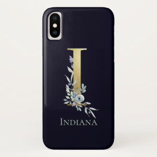Funda Para iPhone X Letra Monograma Dorada I Azul Marino Floral Nombre