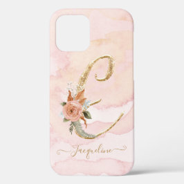 Funda Para iPhone 12 Letra monograma E guión oro acuarela floral