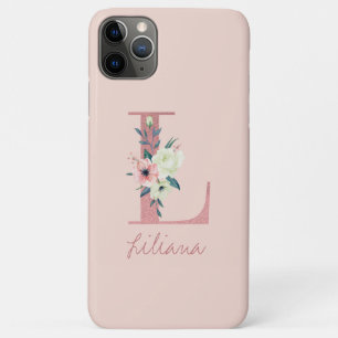 Funda Para iPhone 11 Pro Max Letra monogramo rosa Purpurina flor L rosa claro