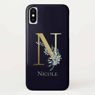 Funda Para iPhone X Letra N Monograma Dorado Nombre Floral Azul Marino