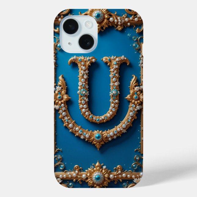 Funda De Case-Mate Para iPhone Letra ornate dorada U con joyas (Reverso )