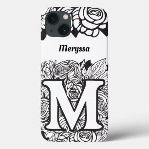 Funda Para iPhone 13 Letra personalizada M Flores de tatuaje blanco neg