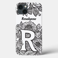Letra personalizada R Flores de tatuaje blanco neg