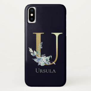Funda Para iPhone X Letra U de Monograma de Oro de Lujo Floral Azul No