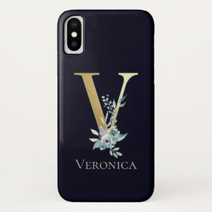 Funda Para iPhone X Letra V de Monograma de Oro de Lujo Floral Azul No