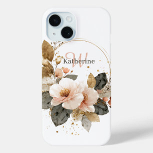 Funda Para iPhone 15 Leyenda floral elegante rosa y dorada, nombre pers