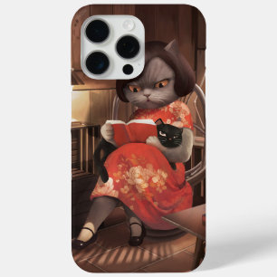Funda Para iPhone 15 Pro Max Leyendo gato en Cheongsam