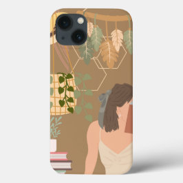 Funda Para iPhone 13 Libro de lectura de mujer estética marrón