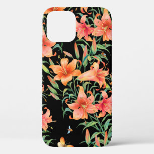 Funda Para iPhone 12 Lilies patrón de fondo sin fisuras.