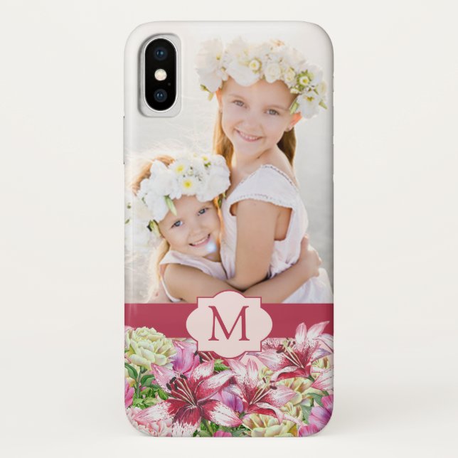 Funda De Case-Mate Para iPhone Lily Peony Floral Monograma Foto (Reverso)