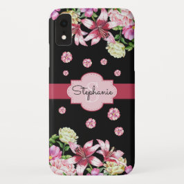 Funda Para iPhone XR Lily Peony Watercolor Floral Black Monograma