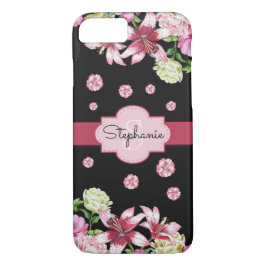 Funda Para iPhone 8/7 Lily Peony Watercolor Floral Black Monograma