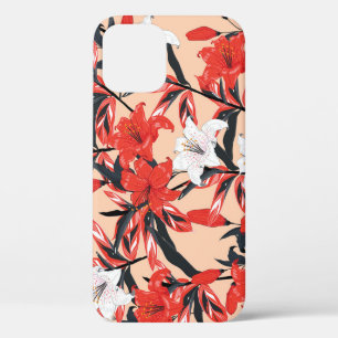 Funda Para iPhone 12 Lily Roja: Patrón Botánico Vintage.