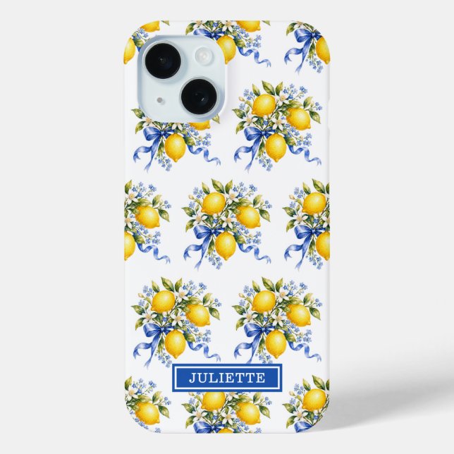 Funda De Case-Mate Para iPhone Limoneros con flores azules monogramados al aguare (Reverso )