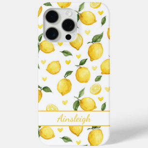 Funda Para iPhone 15 Pro Max Limoneros con Monograma de Corazones en Acuarela