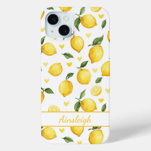 Funda Para iPhone 15 Mini Limoneros con Monograma de Corazones en Acuarela